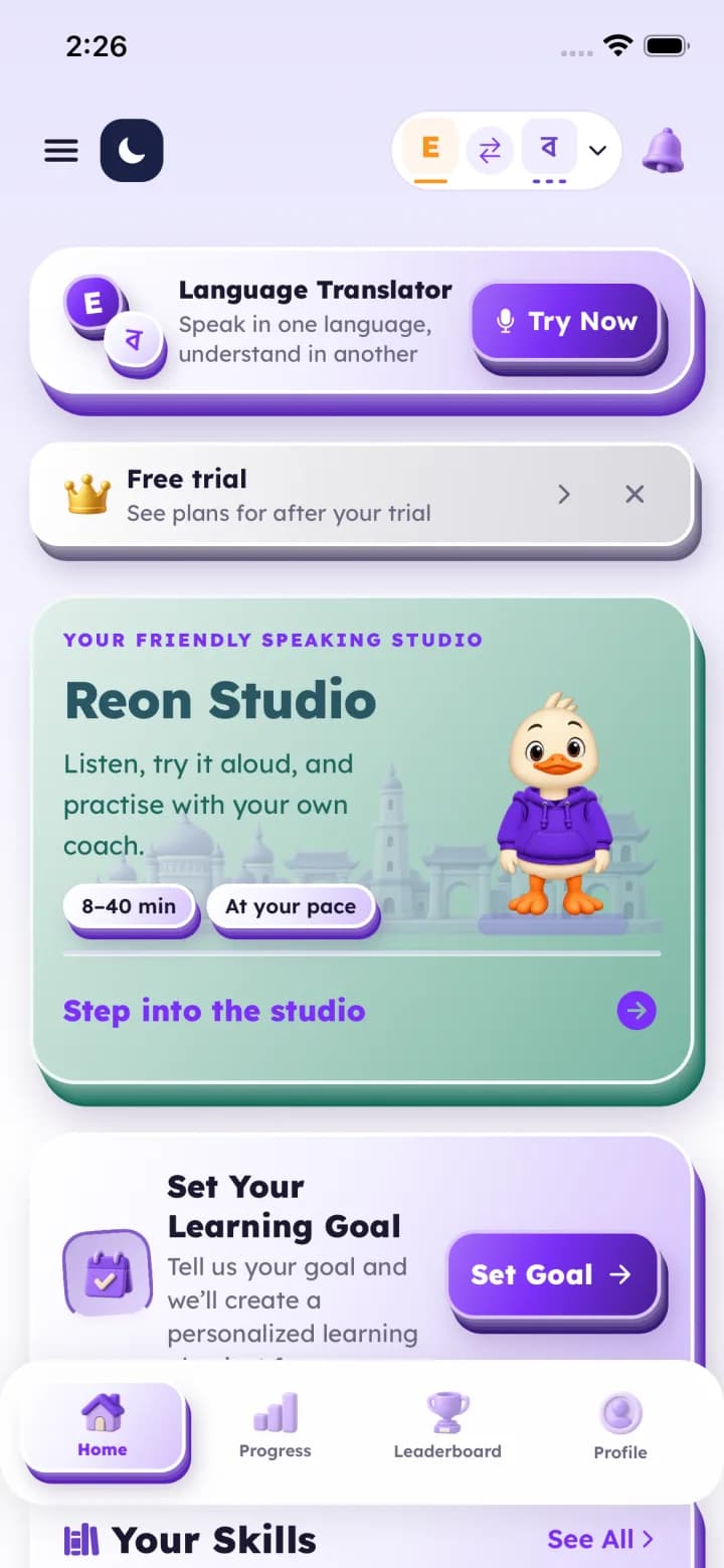 Reonlingo home screen: the Language Translator, the Reon Studio card with Reon the duck, and Set Your Learning Goal