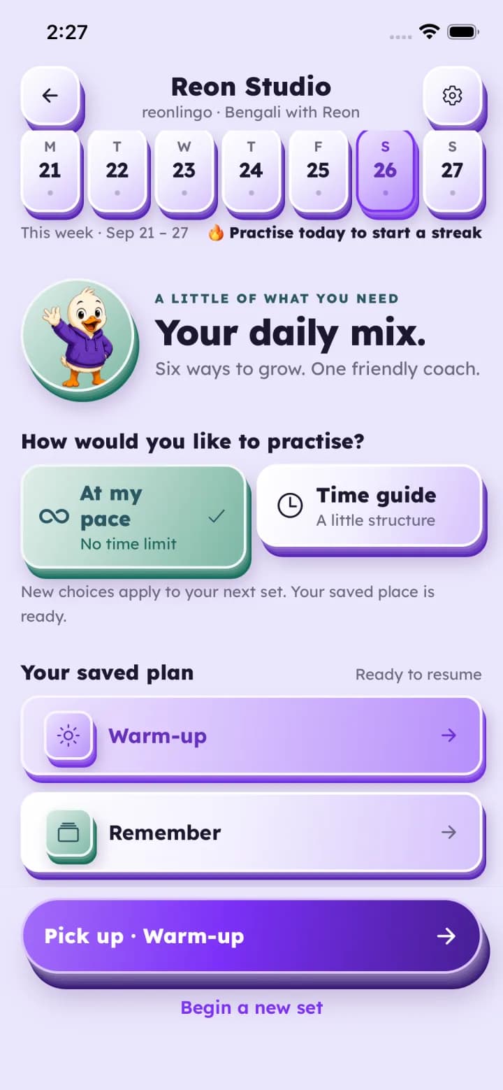 Reon Studio: this week's practice days, Your daily mix, a choice of At my pace or Time guide, and a saved plan to resume